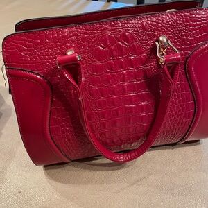 Patent leather red faux alligator satchel